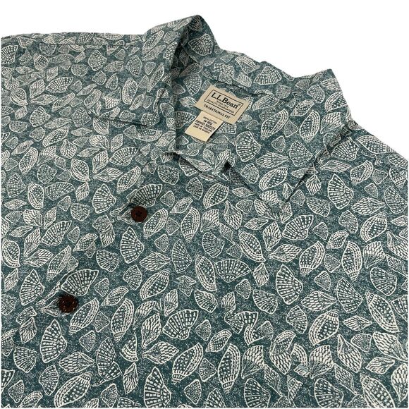 LL Bean Mens Green White Seashells Button Up Short Sleeve-M - Picture 6 of 12